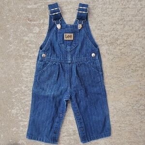 Vtg Rare Lee Leather Tag Toddler‎ Girl Striped Denim Overalls USA, Size 12M
